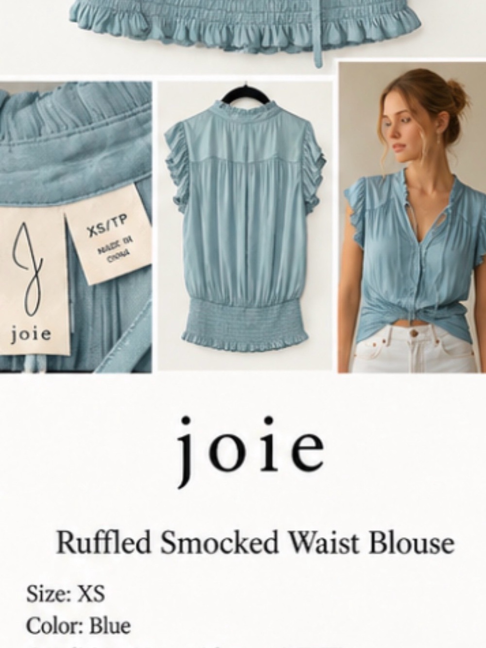 Joie Dusty Blue Ruffled Smocked-Waist Blouse